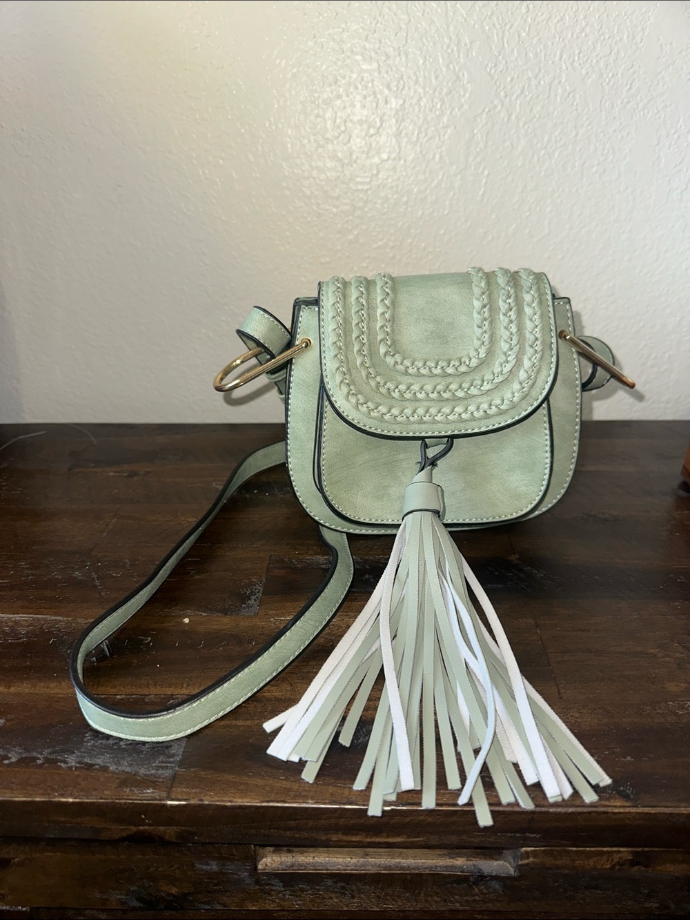 Source Unknown Mint Green Crossbody Bag with Braided Flap and Tassel